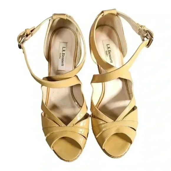 Lk Bennett Priya Sandals Tan Beige Nude 8.5 Espadrille Wedge Patent Leather 39.5 - Picture 4 of 8